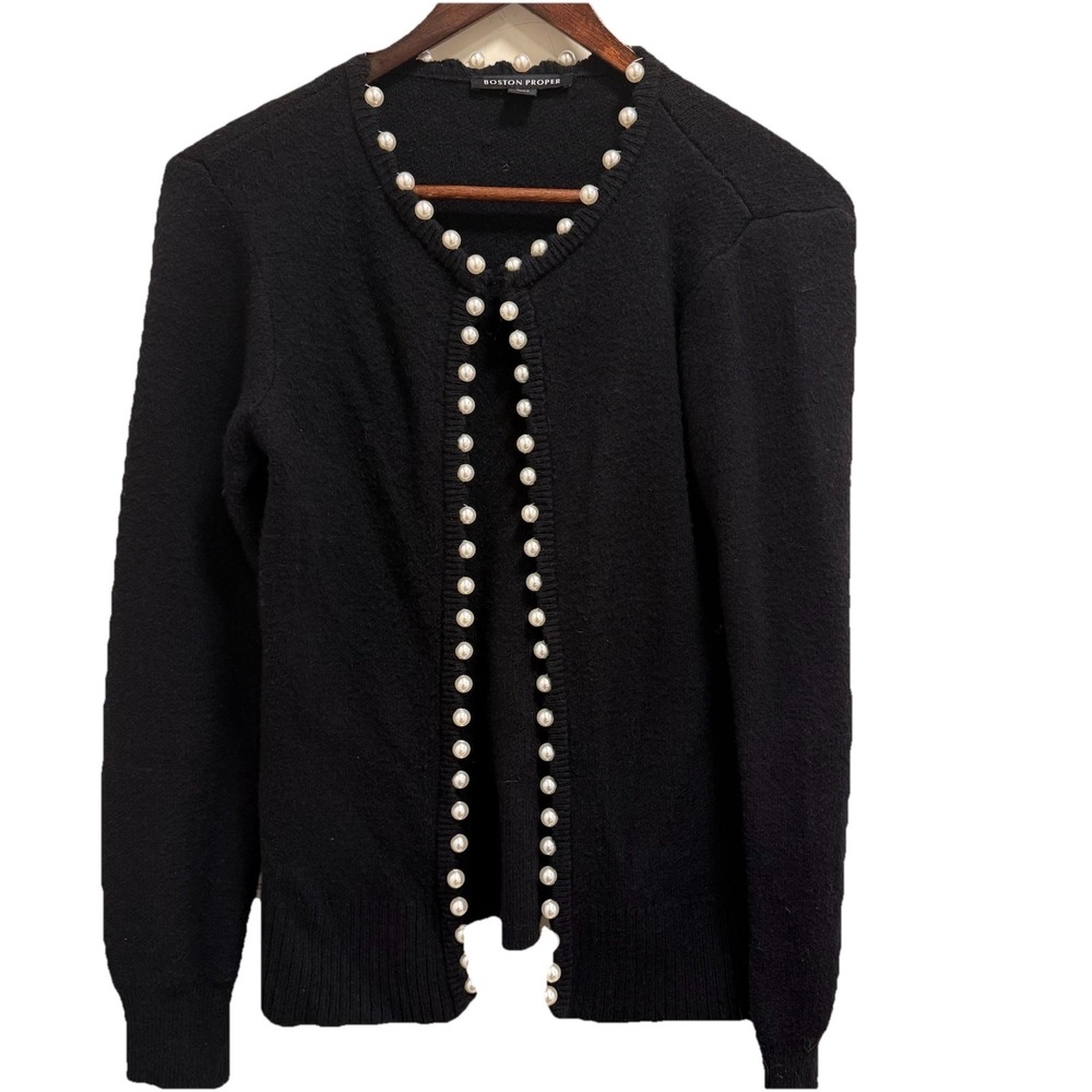 Boston Proper Pearl Trim Cardigan Black Sz S